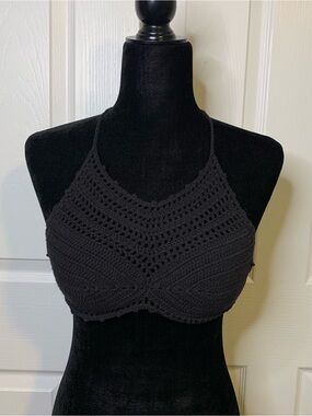 Black Crochet Halter Bralette Swim Top